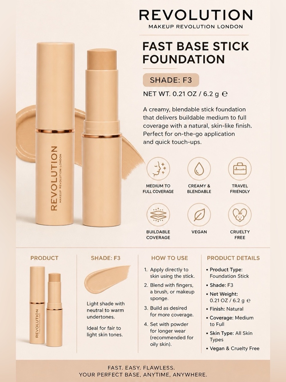 Makeup Revolution Fast Base Stick Foundation F3 – Creamy Full Coverage ✨